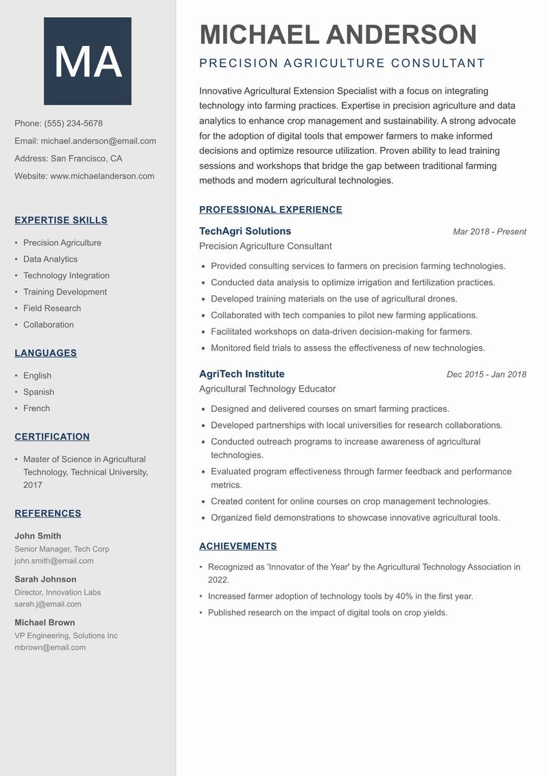 Agricultural Extension Specialist Resume Preview Example