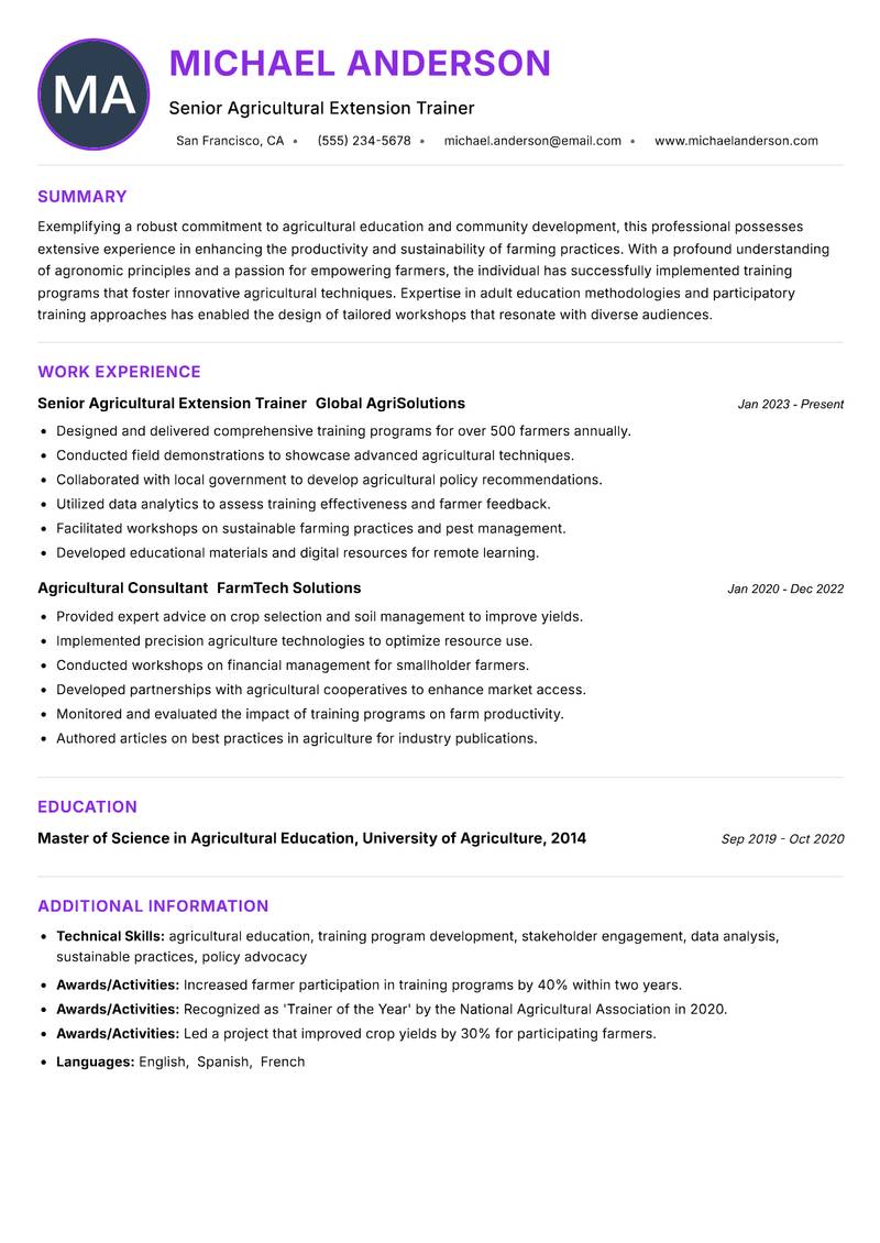 Agricultural Extension Trainer Resume Preview Example