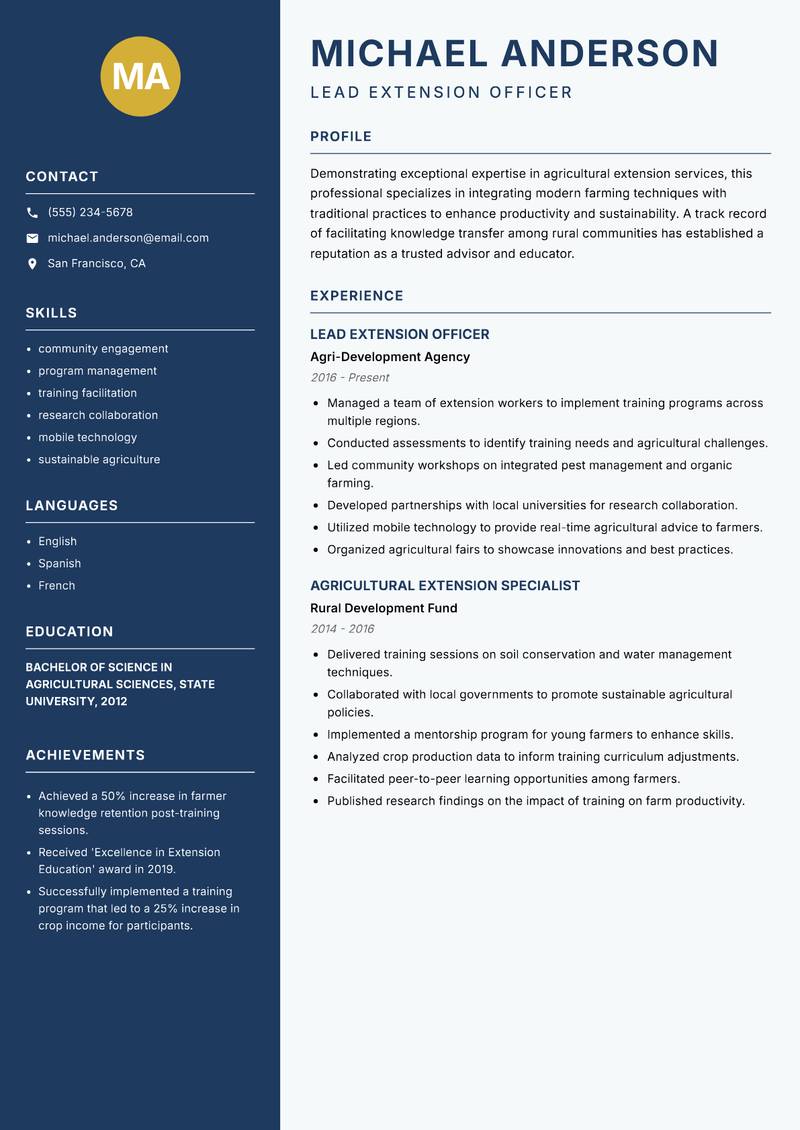 Agricultural Extension Trainer Resume Preview Example
