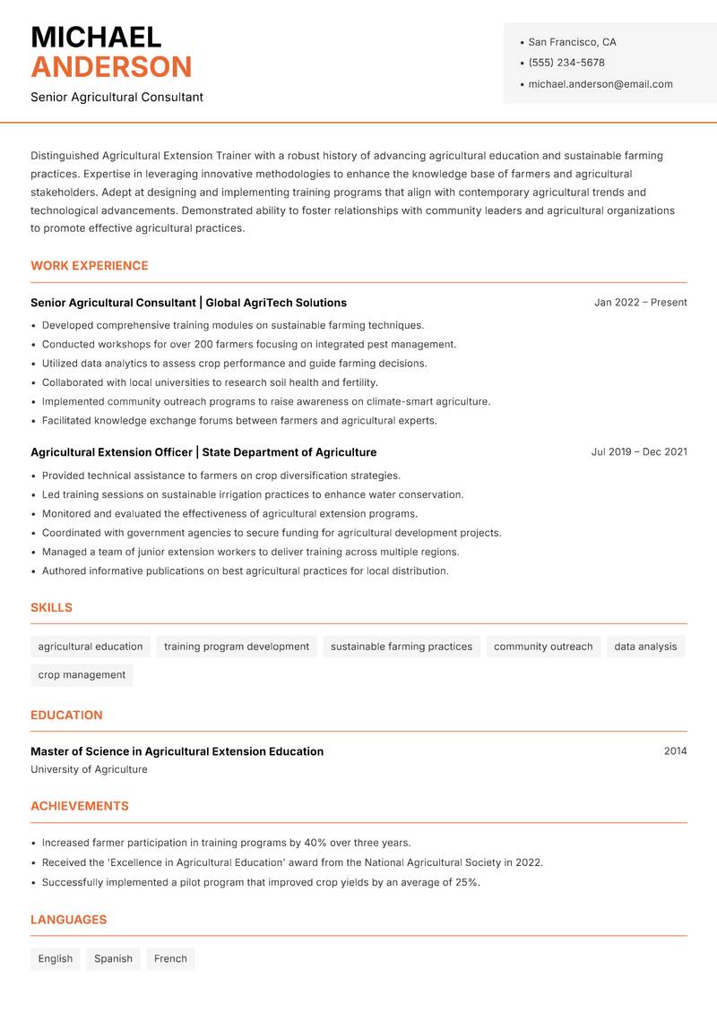 Agricultural Extension Trainer Resume Template