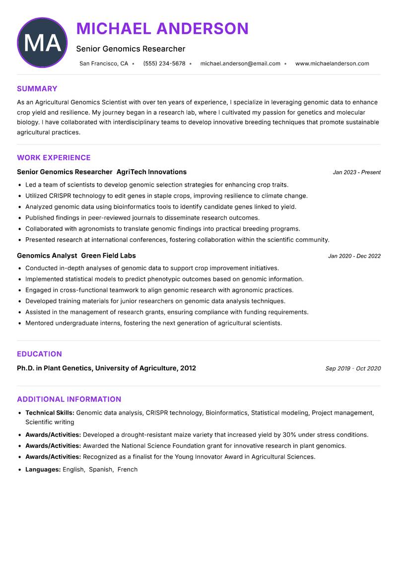 Agricultural Genomics Scientist Resume Preview Example