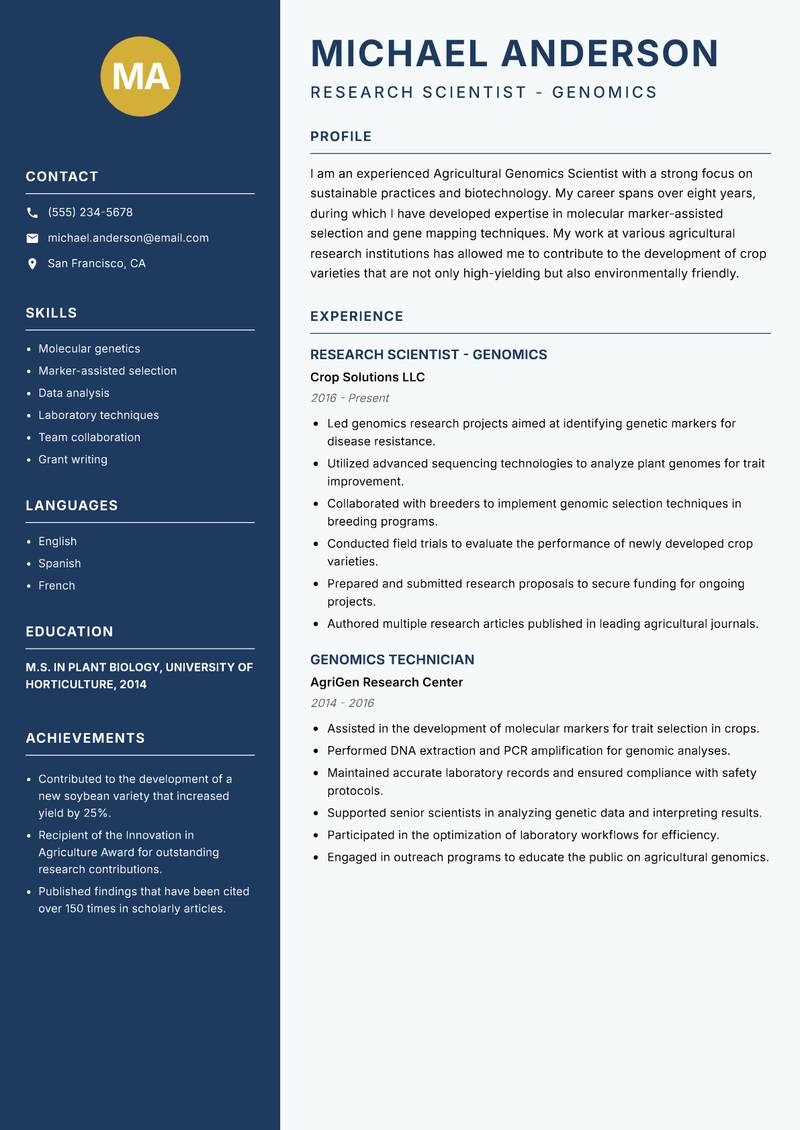 Agricultural Genomics Scientist Resume Preview Example