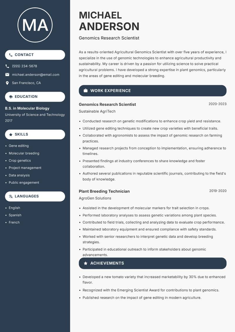 Agricultural Genomics Scientist Resume Preview Example