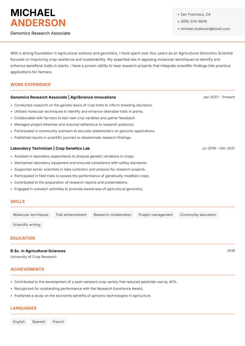 Agricultural Genomics Scientist Resume Template