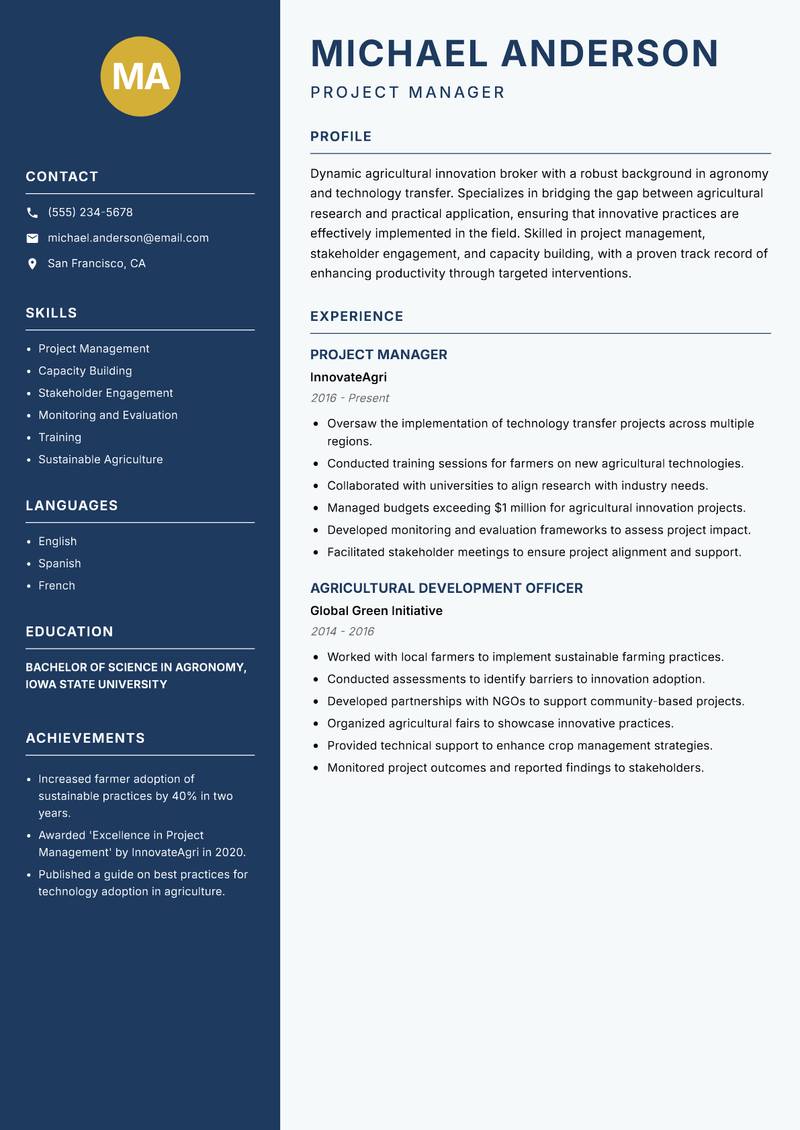 Agricultural Innovation Broker Resume Preview Example