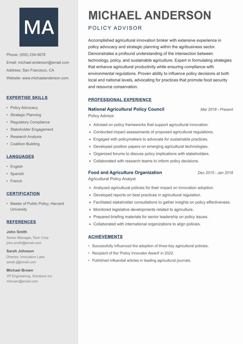 Agricultural Innovation Broker Resume Preview Example