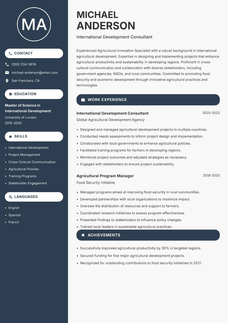 Agricultural Innovation Specialist Resume Preview Example