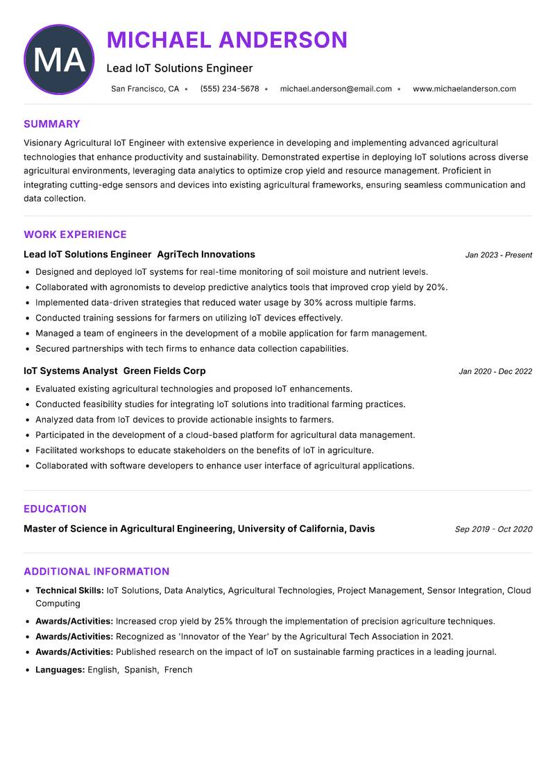 Agricultural IoT Engineer Resume Preview Example