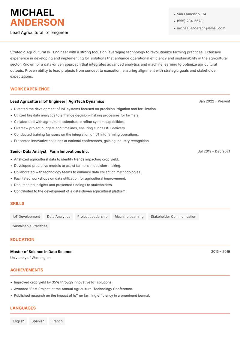 Agricultural IoT Engineer Resume Template