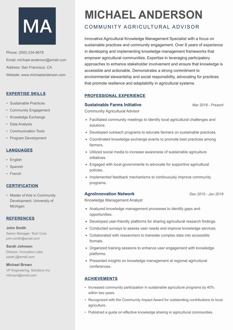 Agricultural Knowledge Management Specialist Resume Preview Example