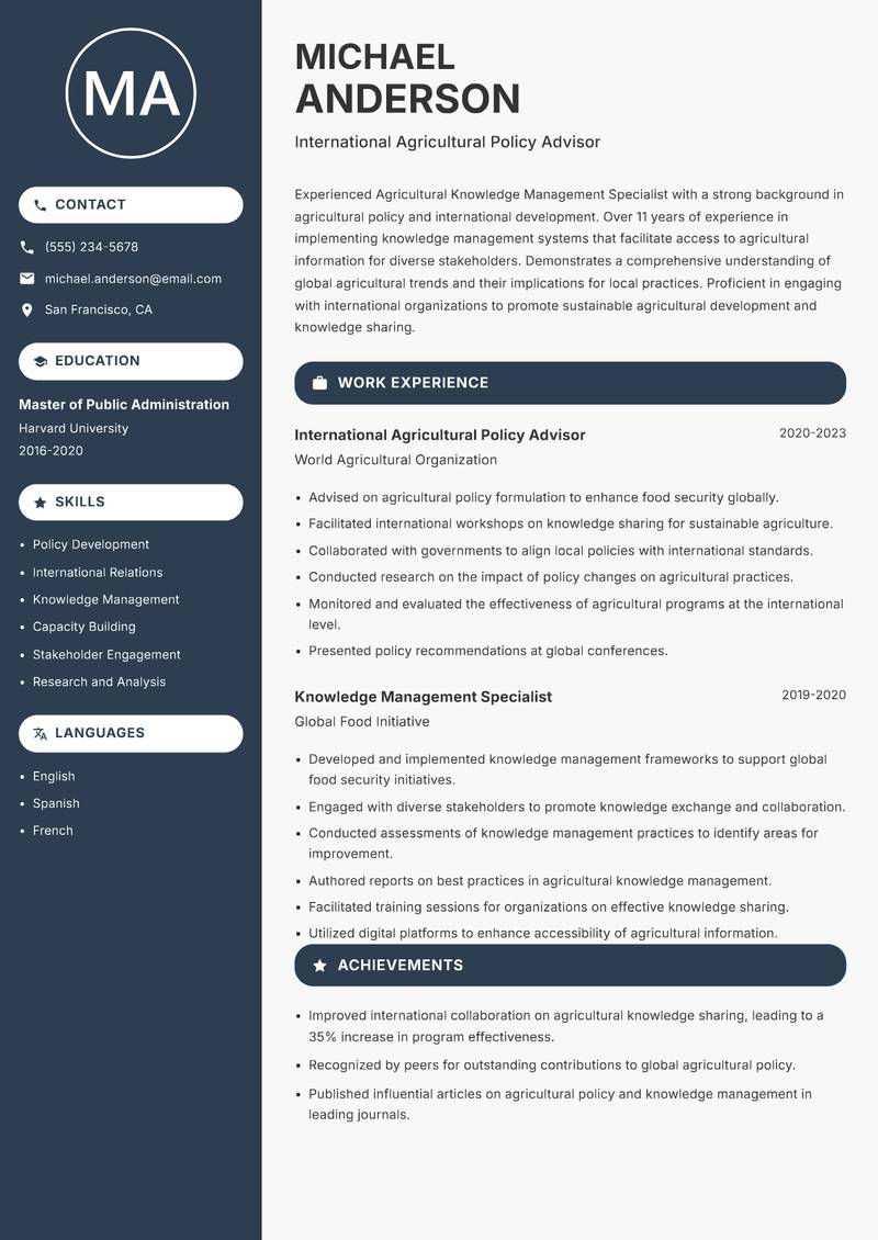 Agricultural Knowledge Management Specialist Resume Preview Example