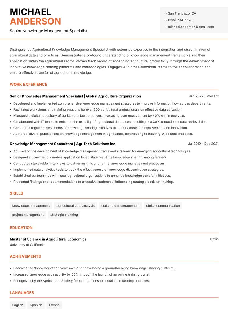 Agricultural Knowledge Management Specialist Resume Template