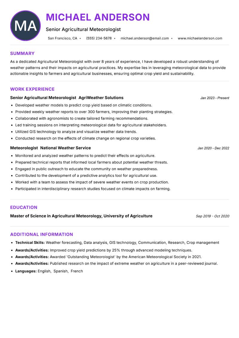 Agricultural Meteorologist Resume Preview Example
