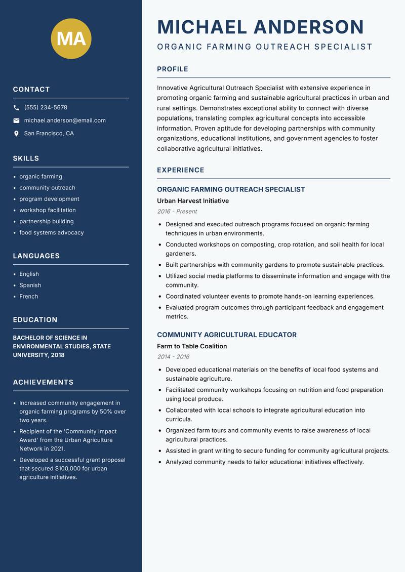 Agricultural Outreach Specialist Resume Preview Example
