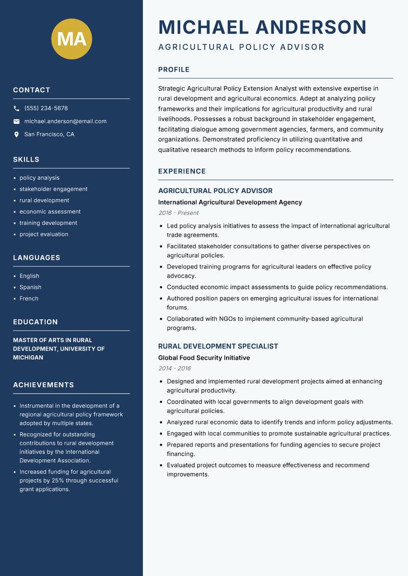 Agricultural Policy Extension Analyst Resume Preview Example