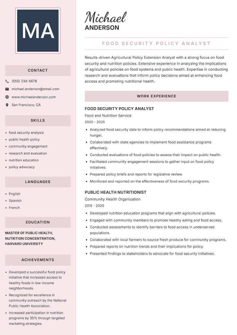 Agricultural Policy Extension Analyst Resume Preview Example