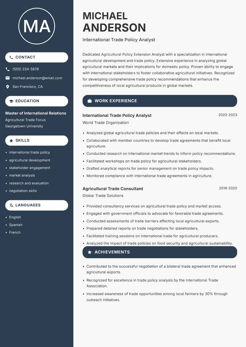 Agricultural Policy Extension Analyst Resume Preview Example