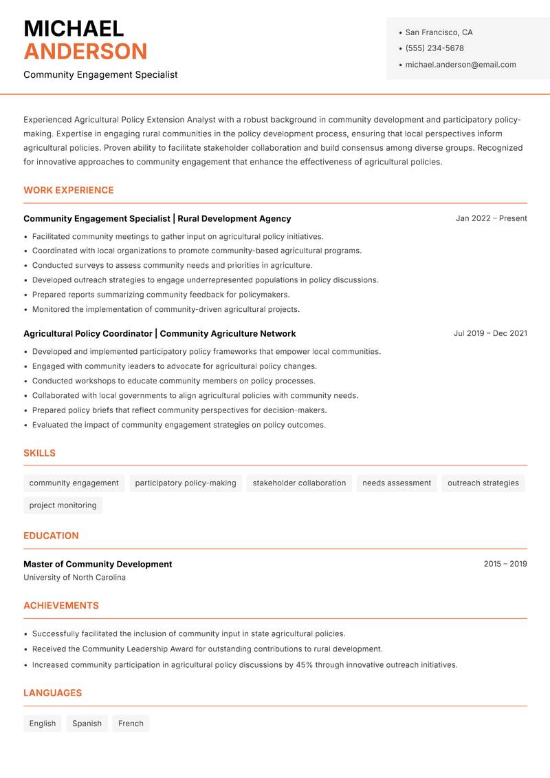 Agricultural Policy Extension Analyst Resume Template