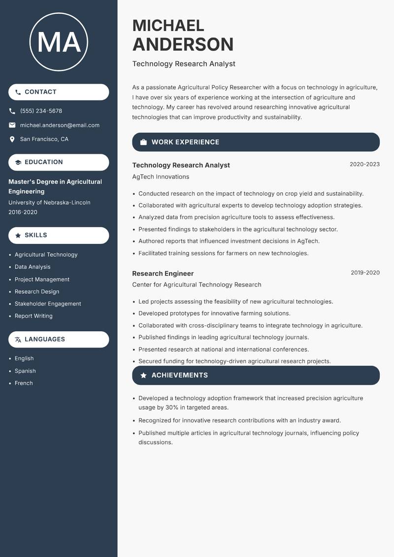 Agricultural Policy Researcher Resume Preview Example