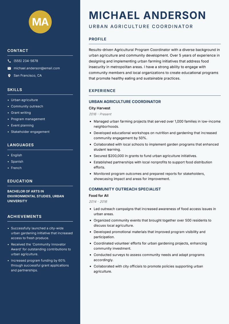 Agricultural Program Coordinator Resume Preview Example