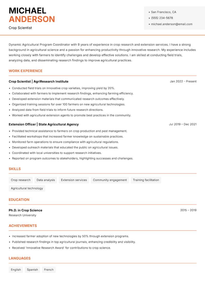 Agricultural Program Coordinator Resume Template