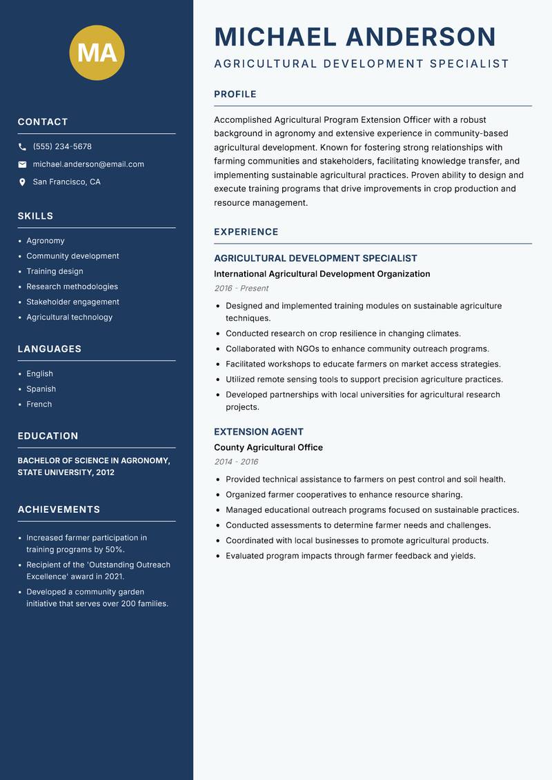 Agricultural Program Extension Officer Resume Preview Example