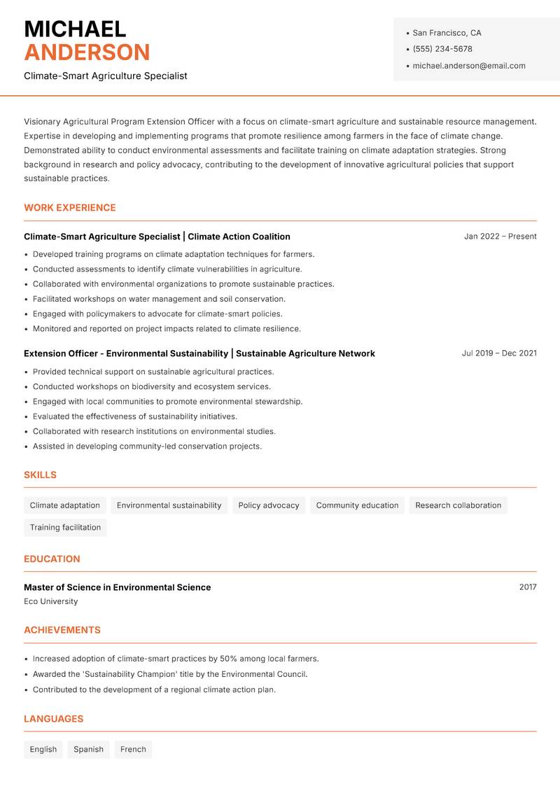 Agricultural Program Extension Officer Resume Template