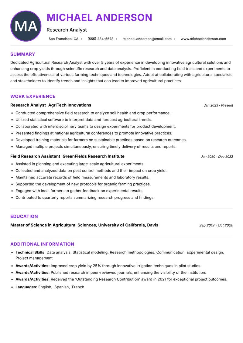 Agricultural Research Analyst Resume Preview Example