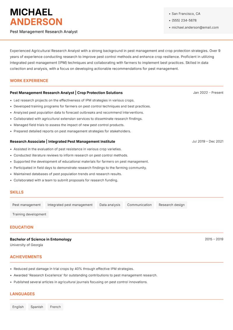Agricultural Research Analyst Resume Template