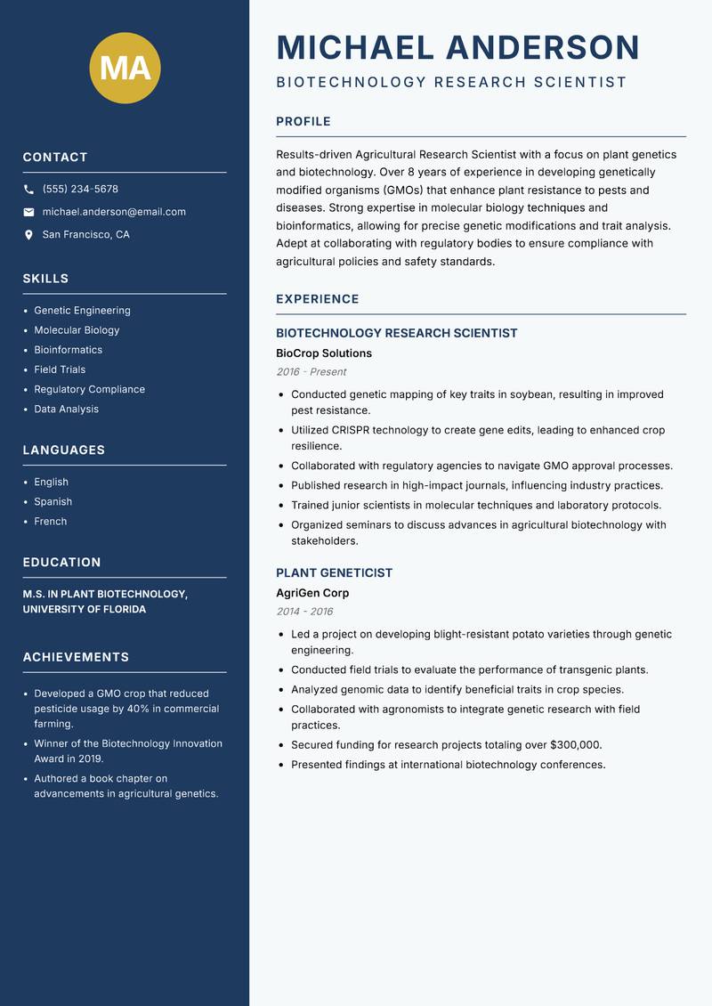 Agricultural Research Scientist Resume Preview Example