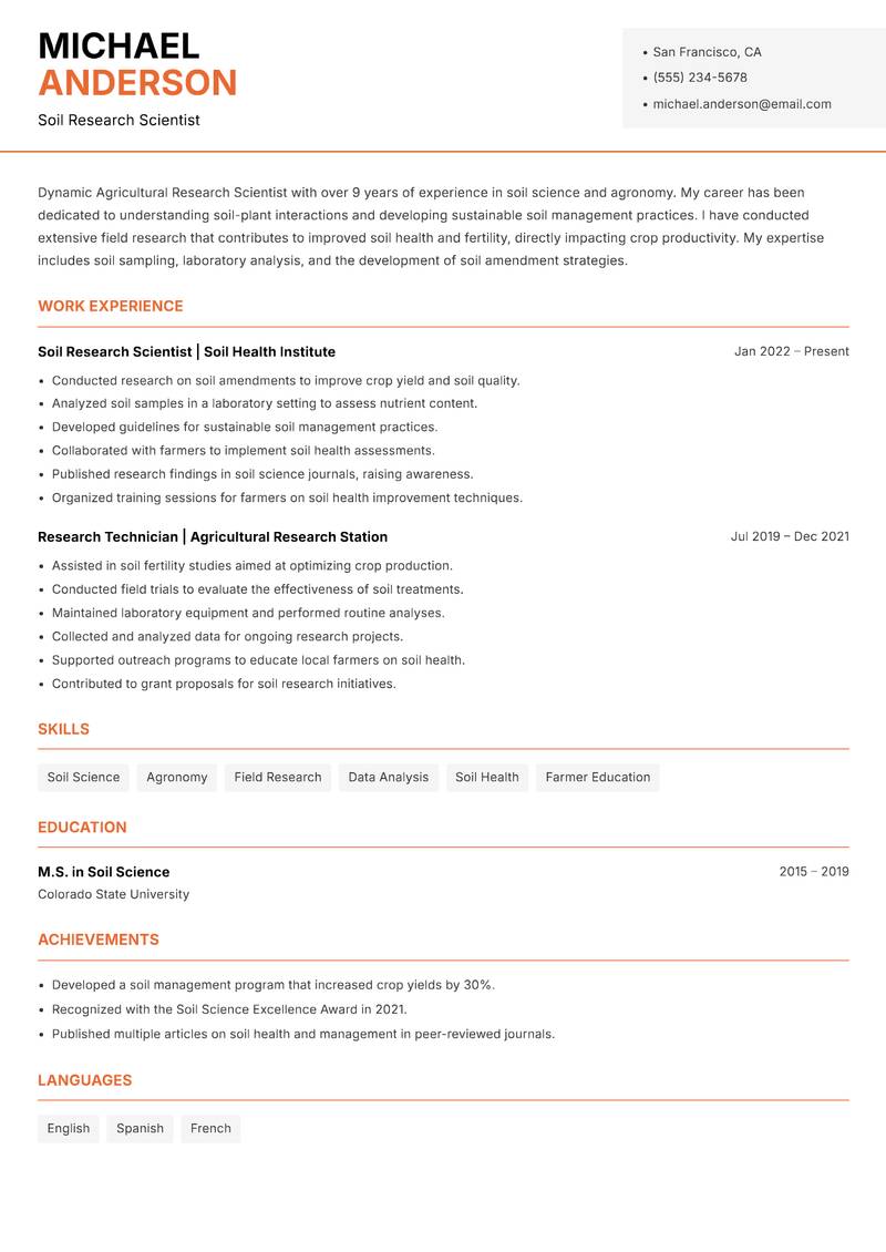Agricultural Research Scientist Resume Template