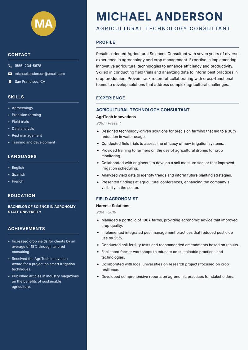 Agricultural Sciences Consultant Resume Preview Example