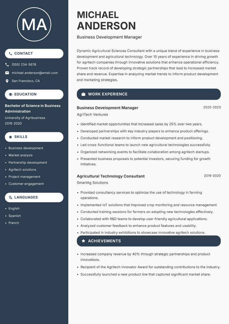 Agricultural Sciences Consultant Resume Preview Example