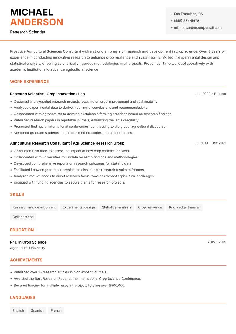 Agricultural Sciences Consultant Resume Template