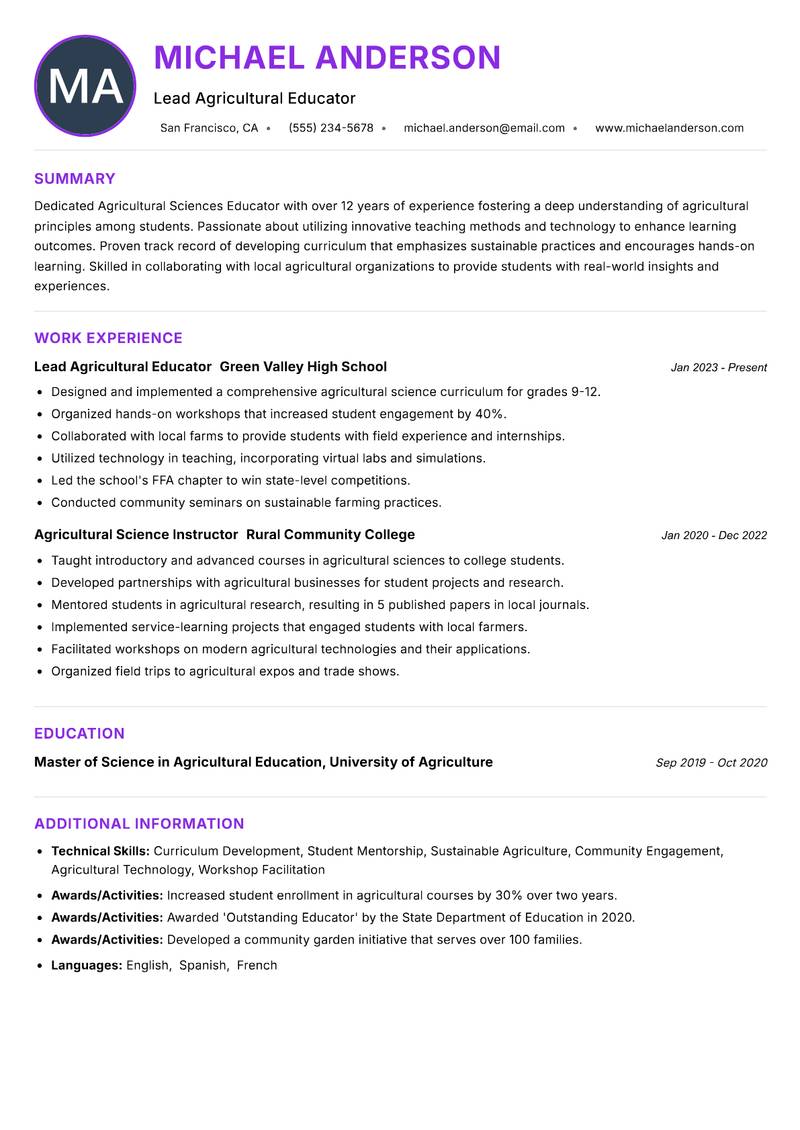 Agricultural Sciences Educator Resume Preview Example