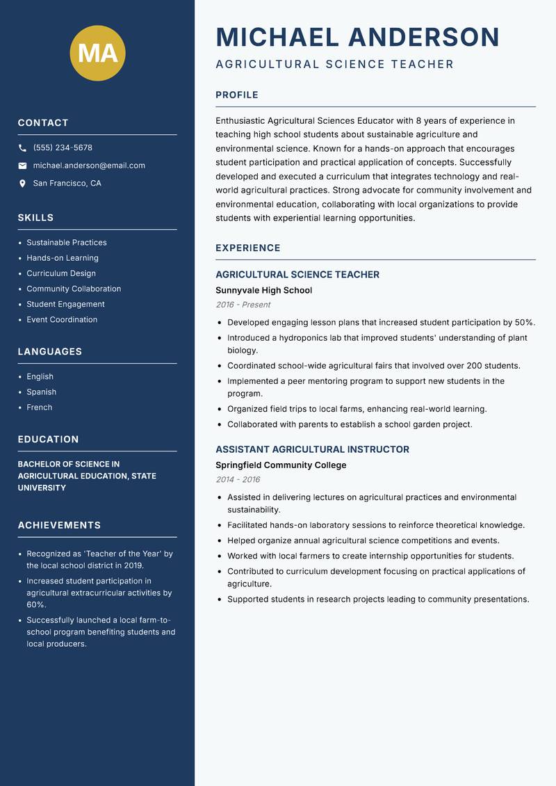 Agricultural Sciences Educator Resume Preview Example