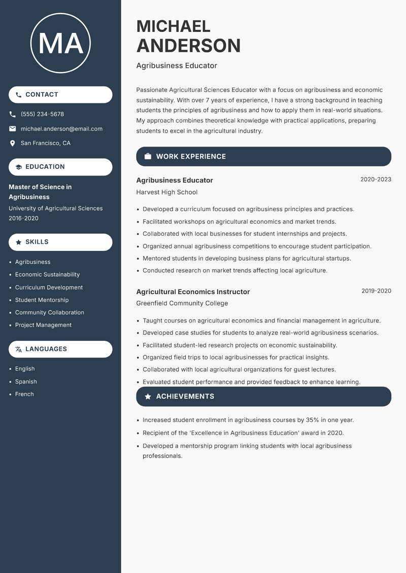 Agricultural Sciences Educator Resume Preview Example