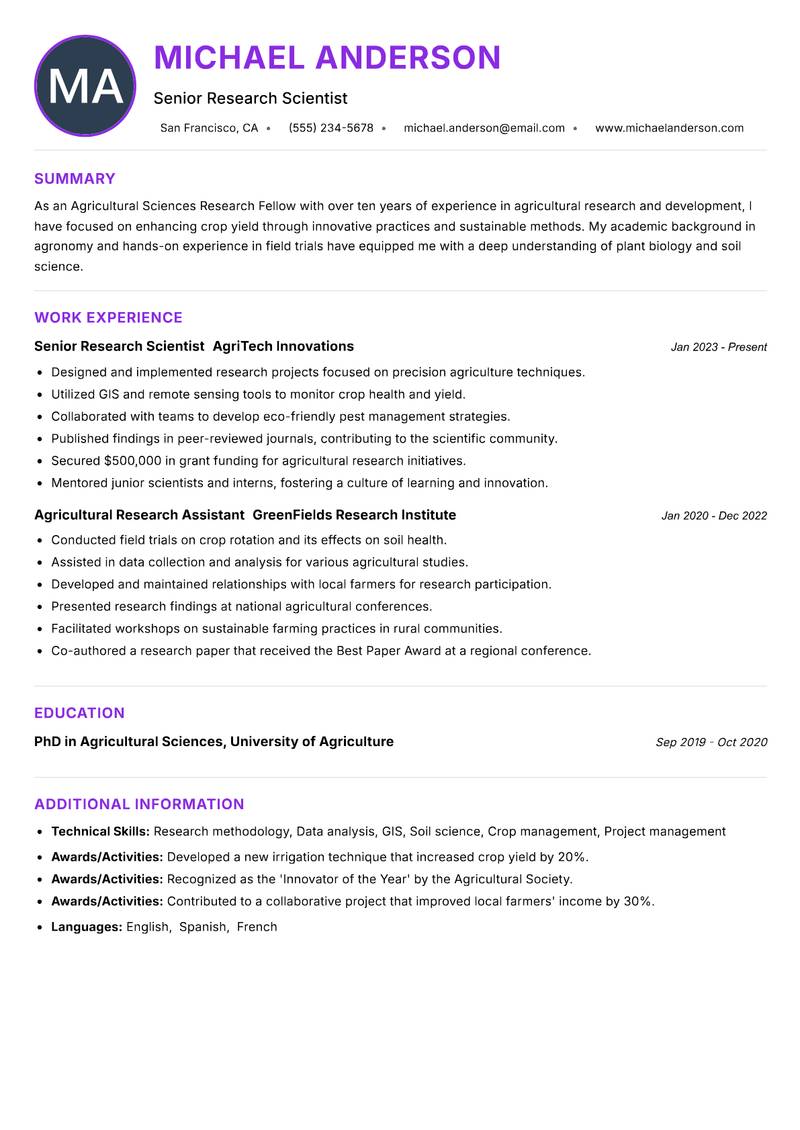 Agricultural Sciences Research Fellow Resume Preview Example