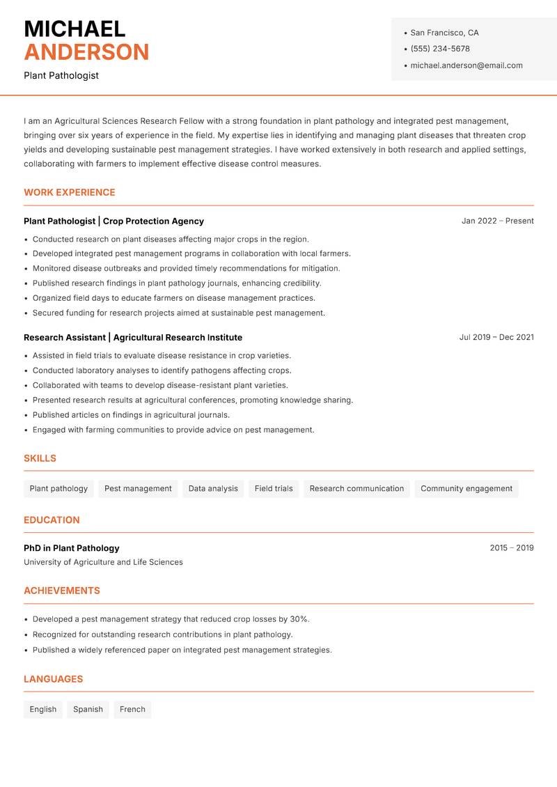 Agricultural Sciences Research Fellow Resume Template