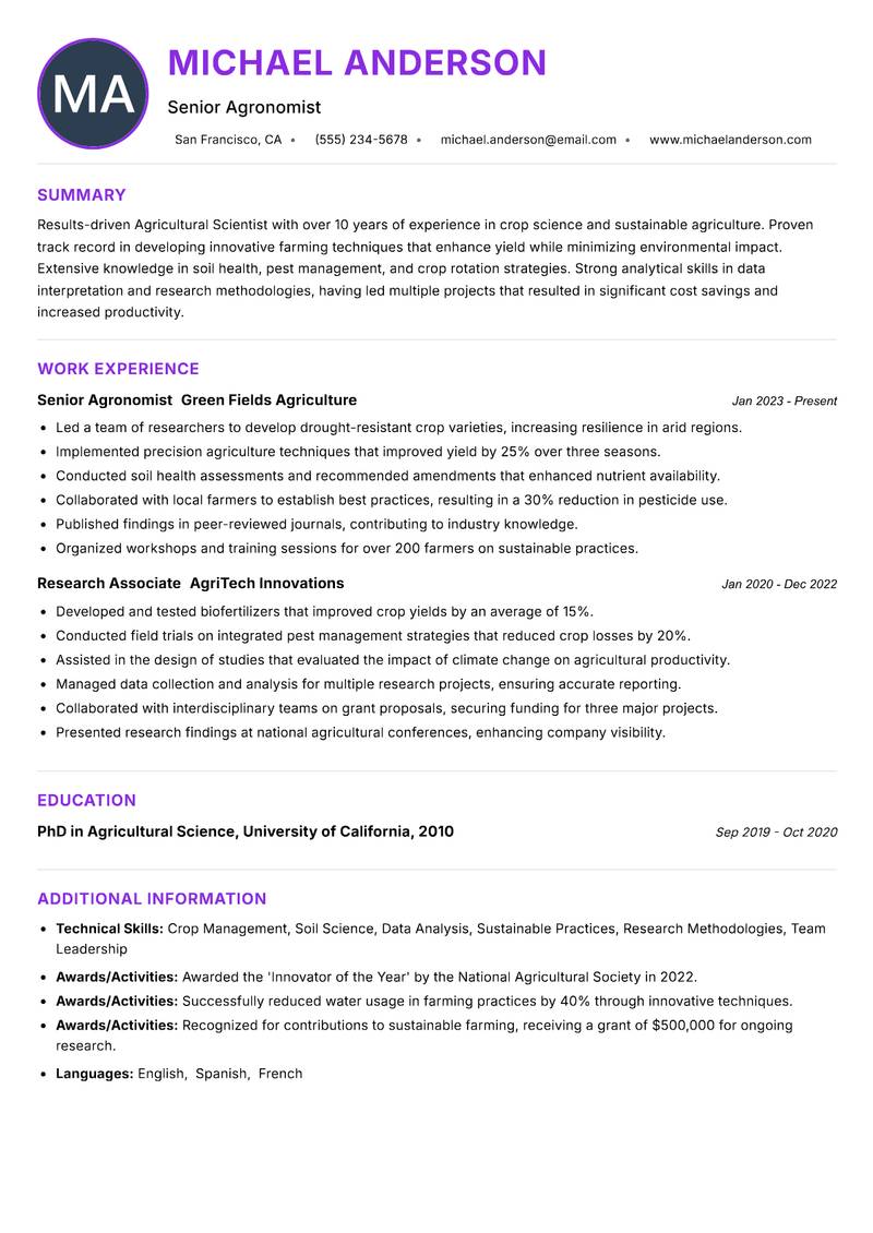 Agricultural Scientist Resume Preview Example