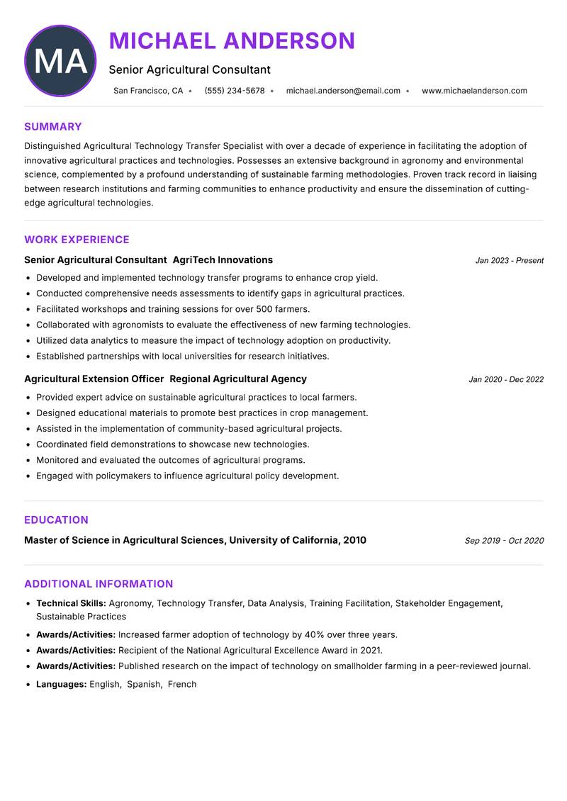 Agricultural Technology Transfer Specialist Resume Preview Example