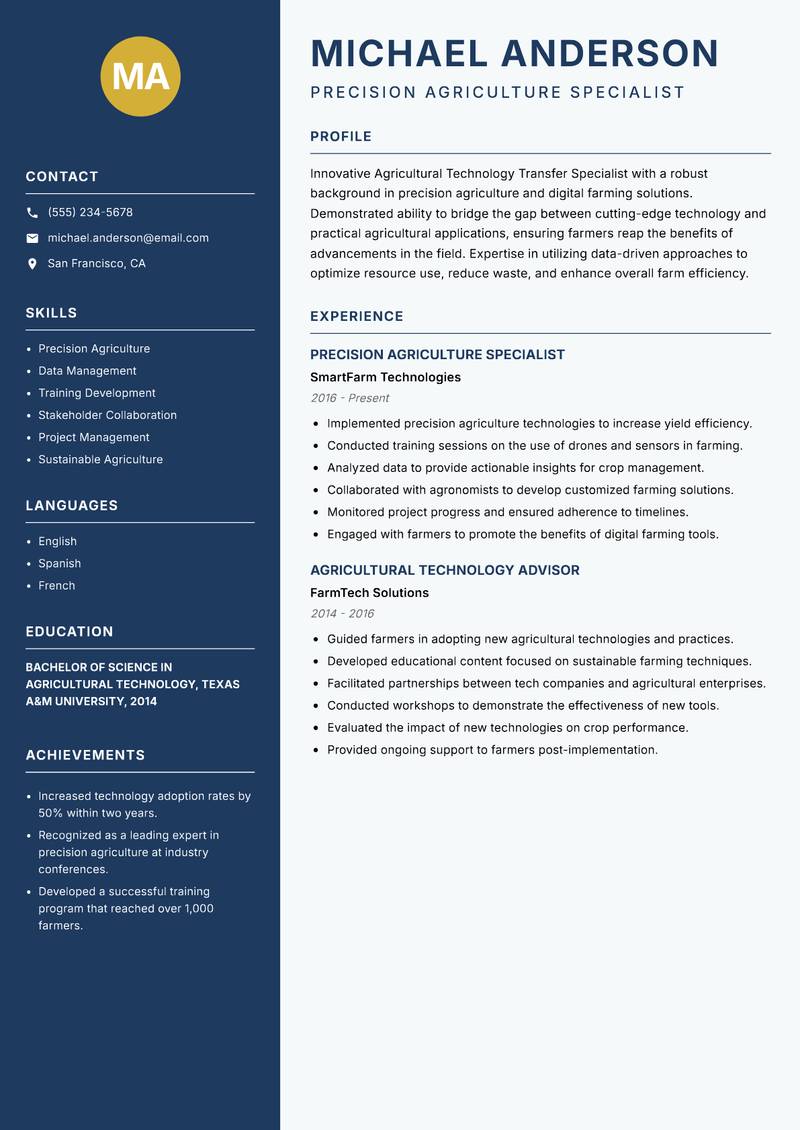Agricultural Technology Transfer Specialist Resume Preview Example
