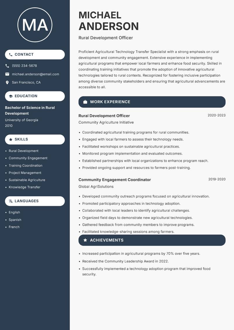 Agricultural Technology Transfer Specialist Resume Preview Example