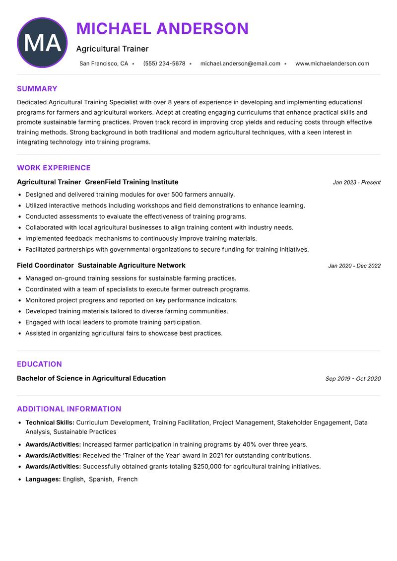 Agricultural Training Specialist Resume Preview Example