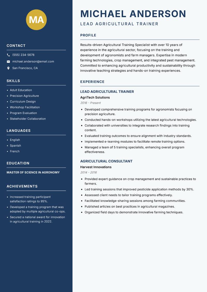Agricultural Training Specialist Resume Preview Example