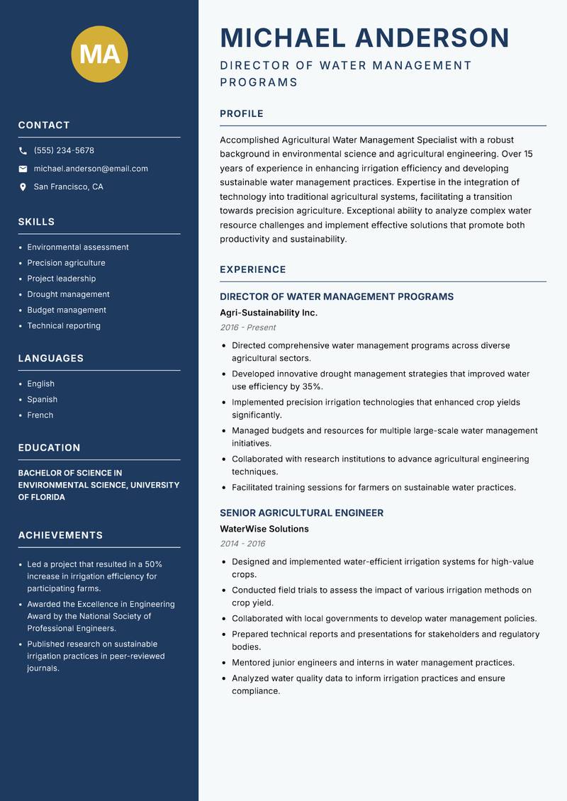 Agricultural Water Management Specialist Resume Preview Example