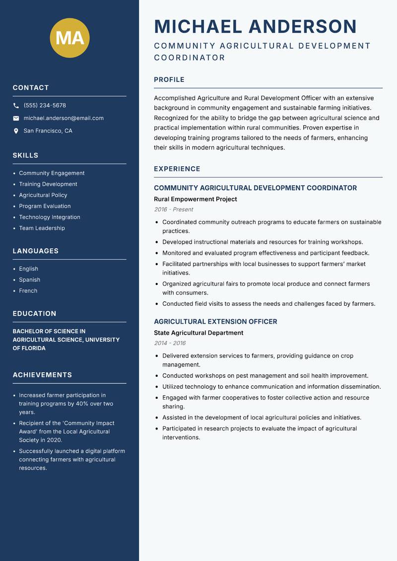 Agriculture and Rural Development Officer Resume Preview Example