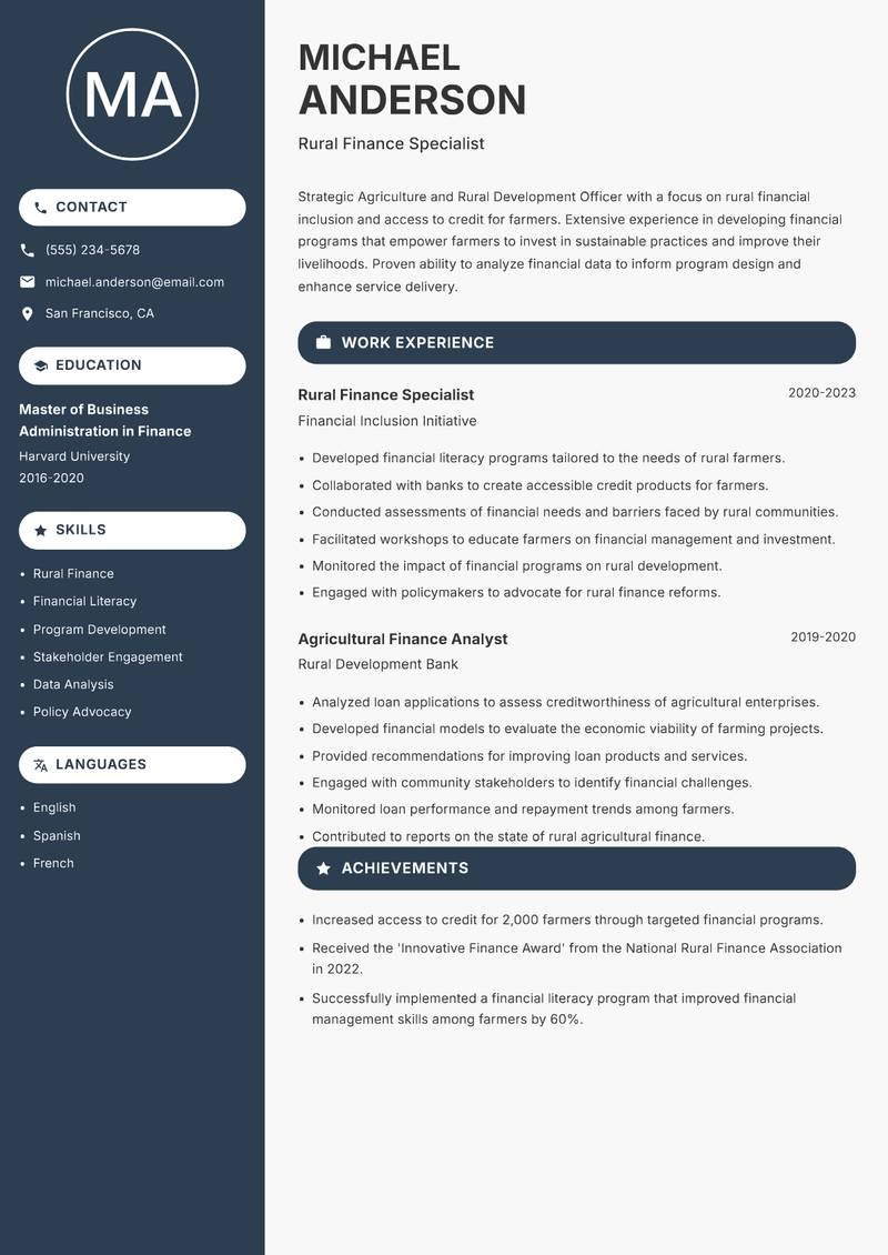 Agriculture and Rural Development Officer Resume Preview Example