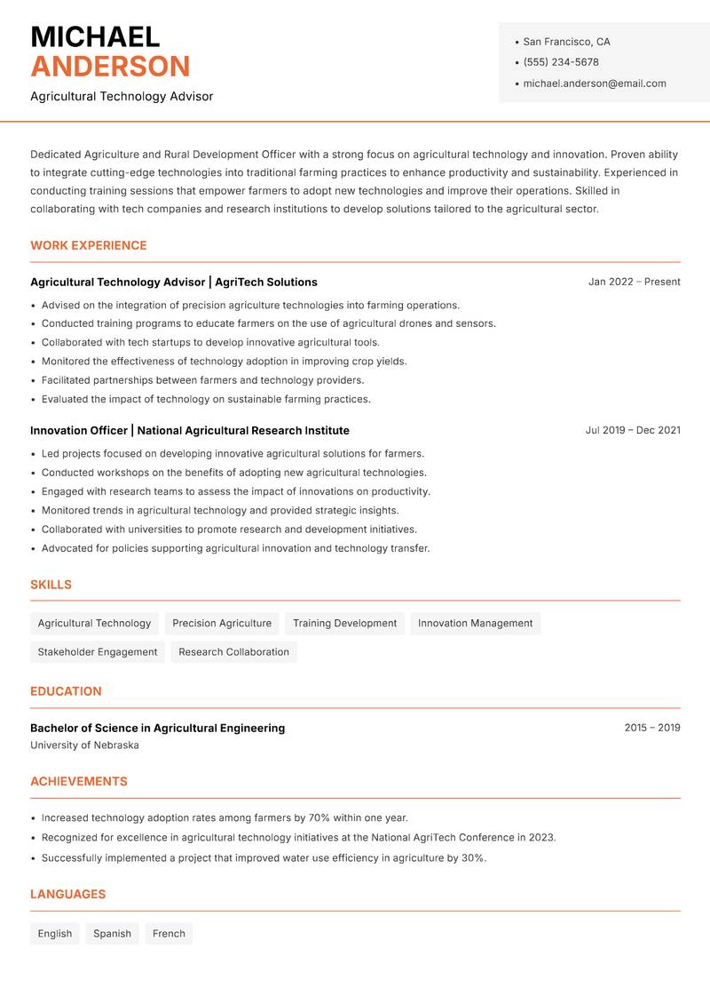 Agriculture and Rural Development Officer Resume Template