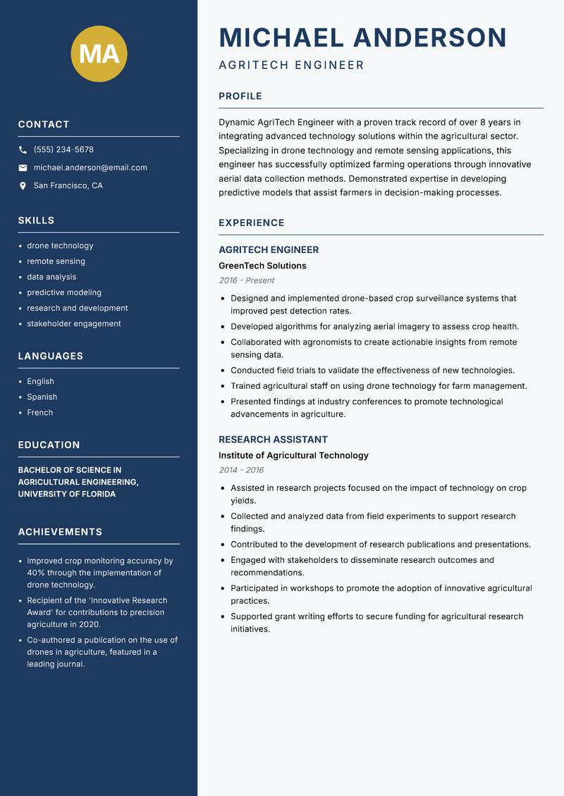 AgriTech Engineer Resume Preview Example